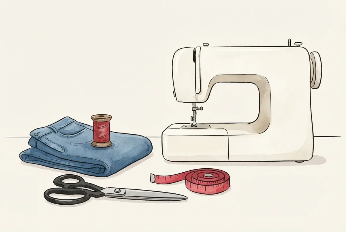 Dessin au trait d’une machine à coudre crème, avec des ciseaux, un tissu bleu plié surmonté d’une bobine de fil rouge et un mètre ruban rouge déroulé