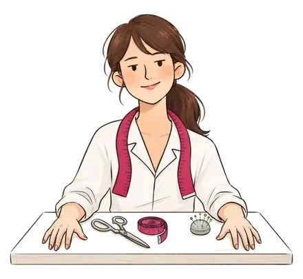 Colette derrière une table avec ciseaux, mètre ruban, découd-vite et pelote d'épingles