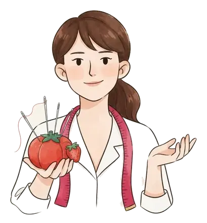 Colette tenant une pelote à épingles en forme de tomate où sont piquées de longues aiguilles à coudre, l'une enfilée d'un fil rouge