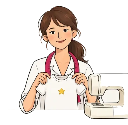 Colette tient un tee-shirt d'enfant brodé d'une étoile jaune à côté d'une machine à broder