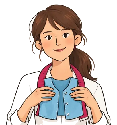Colette tient un petit gilet d'enfant bleu ciel dont le bord porte trois pressions argentées cousues main