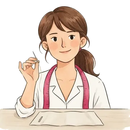 Colette tient une aiguille enfilée devant une fente de boutonnière