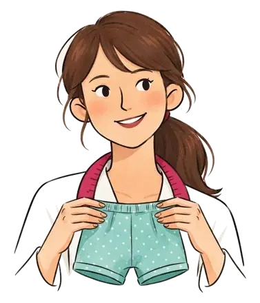 Colette tenant par sa ceinture élastique un petit short d'enfant vert d'eau à pois blancs