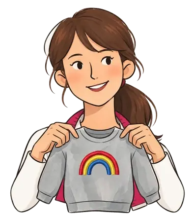 Colette tient un sweat d'enfant gris dont le devant porte un arc-en-ciel brodé à la machine