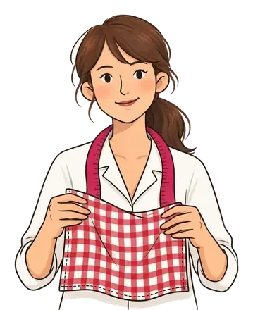 Colette tient déplié un torchon à carreaux rouges et blancs aux bords ourlés