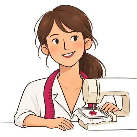 Colette à côté d'une machine à broder dont le cadre rectangulaire tend un tissu brodé d'une fleur rouge