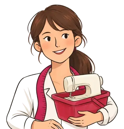 Colette tient un panier de courses rouge contenant une petite machine à coudre