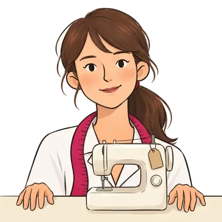 Colette derrière un comptoir d'atelier de réparation, une machine à coudre posée dessus