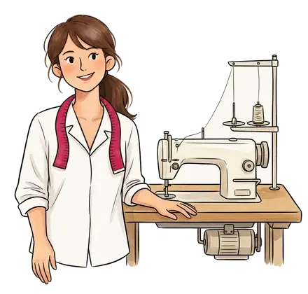 Colette debout à côté d'une machine à coudre industrielle sur sa table, moteur sous le plateau