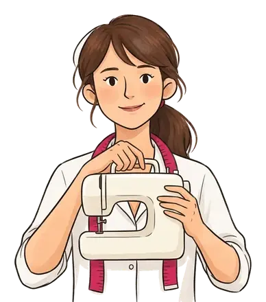 Colette tient par sa poignée une petite machine à coudre légère, grande comme un sac à main