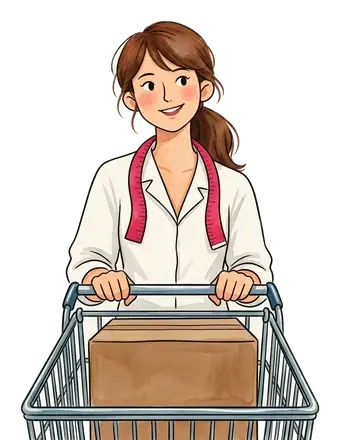 Colette pousse un chariot de magasin contenant le carton d'une machine à coudre
