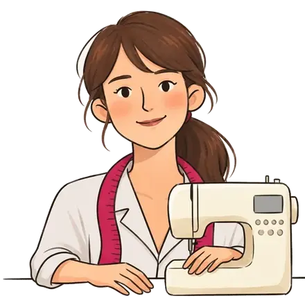 Colette à côté d'une machine à coudre électronique à petit écran et boutons ronds