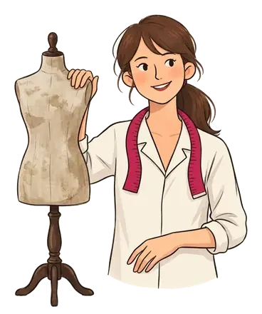 Colette debout à côté d'un mannequin de couture ancien en lin usé sur un pied en bois sombre