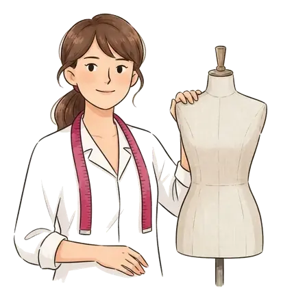 Colette debout à côté d'un mannequin de couture en tissu lin