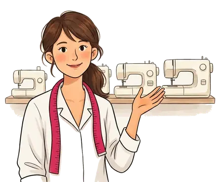 Colette désigne une machine parmi plusieurs machines à coudre alignées sur une étagère