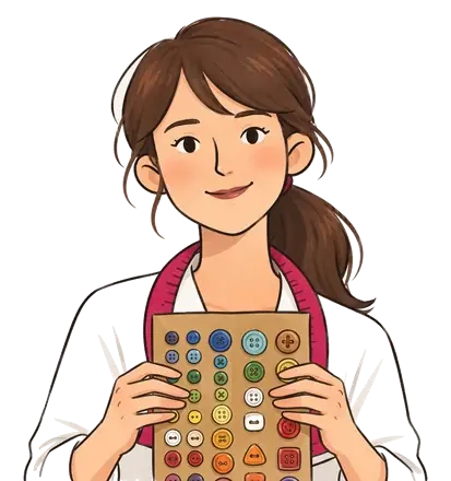 Colette tient un présentoir en carton couvert de rangées de boutons de toutes les couleurs
