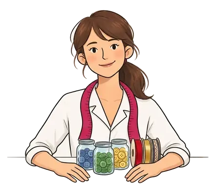 Colette derrière trois bocaux de boutons et des rouleaux de ruban et de galon