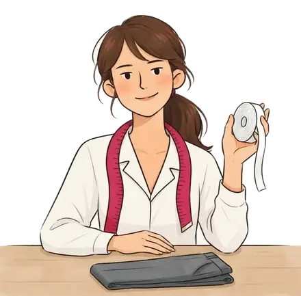 Colette montre un petit rouleau de bande thermocollante, un pantalon plié devant elle