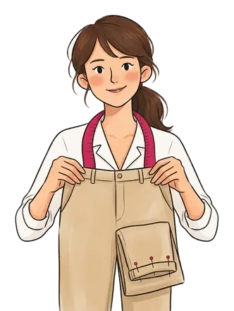 Colette tient un pantalon chino beige, le bas d'une jambe replié et tenu par trois épingles