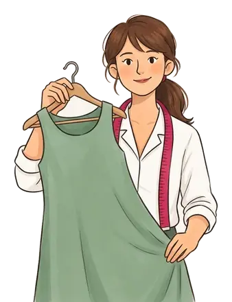 Colette tient sur un cintre en bois une robe simple sans manches en coton vert sauge