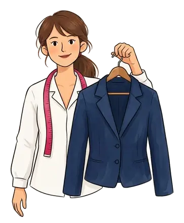 Colette tient sur un cintre une veste courte de femme en toile bleu marine à col tailleur