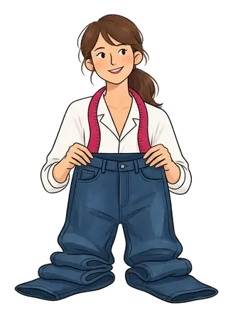 Colette tient un jean brut neuf trop long dont le bas des jambes s'entasse en plis