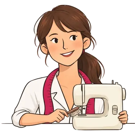 Colette tient une petite brosse à côté d'une machine à coudre au capot latéral ouvert
