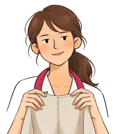 Colette tient deux morceaux de tricot assemblés par une couture plate invisible