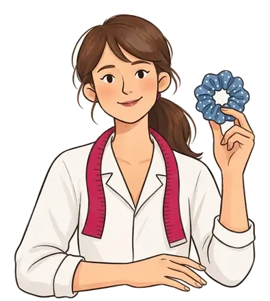 Colette montre un chouchou en tissu bleu à pois blancs, bien froncé