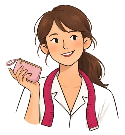 Colette tient une petite pochette plate rose poudré à fermeture éclair dorée et dragonne