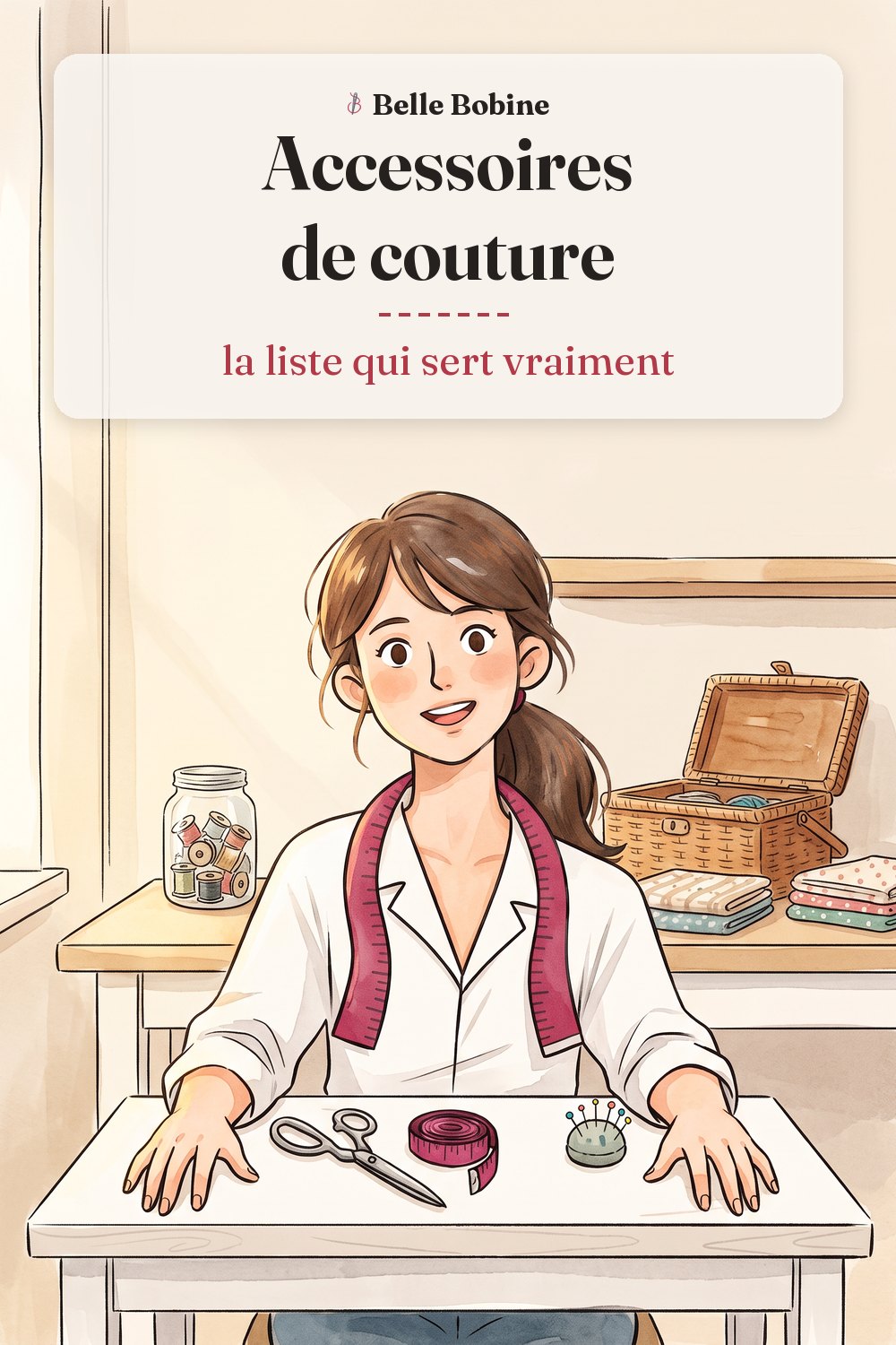 Colette derrière une table avec ciseaux, mètre ruban, découd-vite et pelote d'épingles, avec le titre « Accessoires de couture : la liste qui sert vraiment »