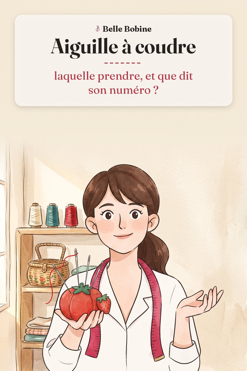Colette tenant une pelote à épingles en forme de tomate où sont piquées de longues aiguilles à coudre, l'une enfilée d'un fil rouge, avec le titre « Aiguille à coudre : laquelle prendre, et que dit son numéro ? »