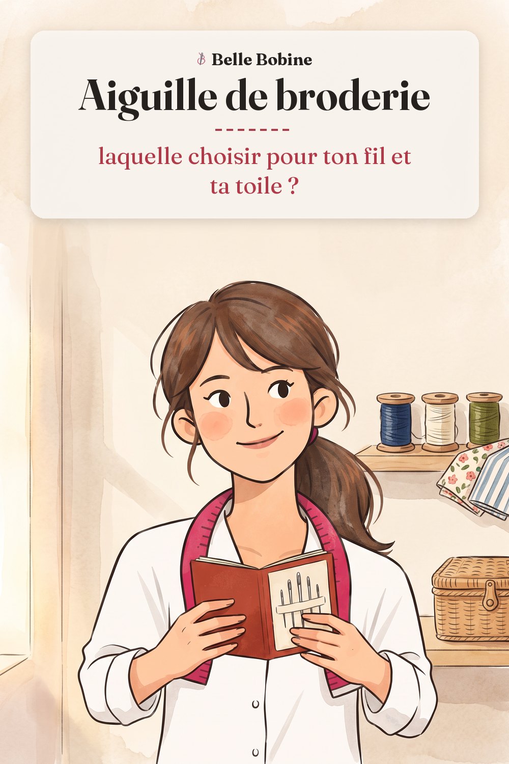 Colette tenant ouvert un porte-aiguilles en feutrine rouge brique où sont piquées six aiguilles à broder, avec le titre « Aiguille de broderie : laquelle choisir pour ton fil et ta toile ? »