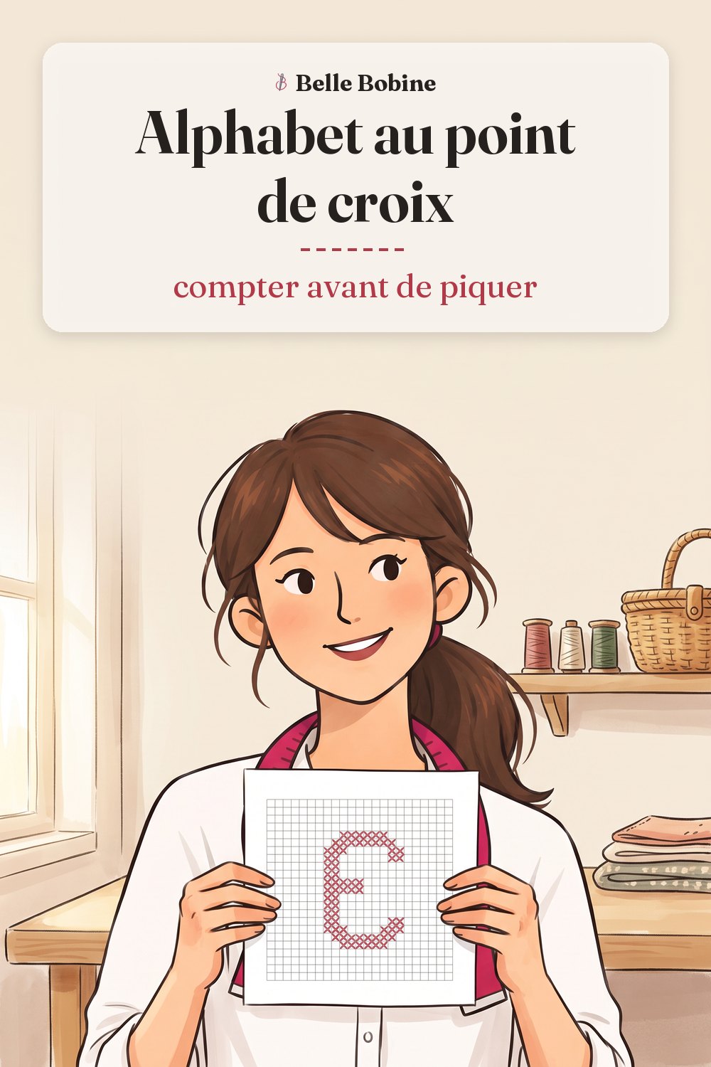 Colette tient une grille de point de croix avec une lettre en croix rouges, avec le titre « Alphabet au point de croix : compter avant de piquer »