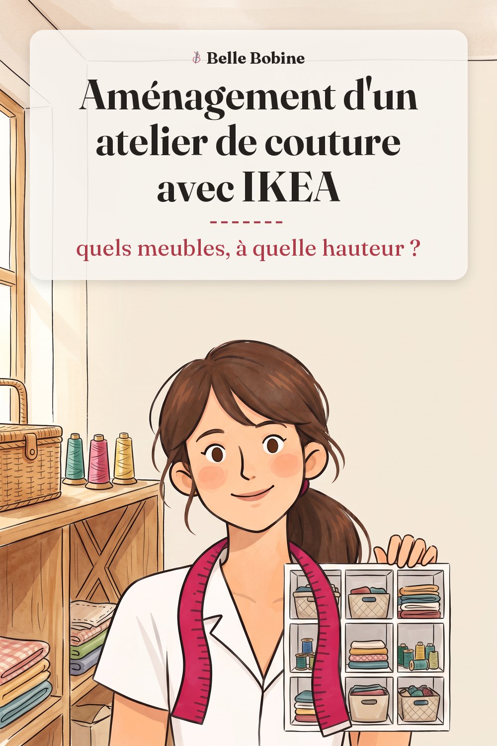 Colette à côté d'une étagère blanche à casiers garnie de paniers, coupons et bobines, avec le titre « Aménagement d'un atelier de couture avec IKEA : quels meubles, à quelle hauteur ? »
