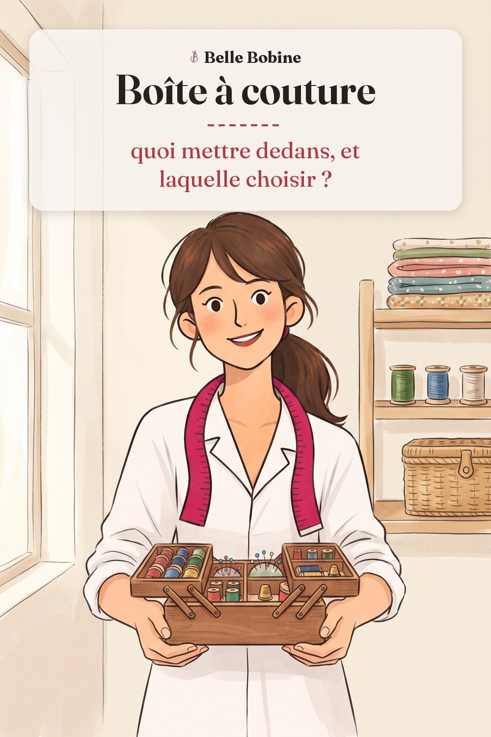 Colette derrière une boîte à couture ouverte, bobines et épingles bien rangées, avec le titre « Boîte à couture : quoi mettre dedans, et laquelle choisir ? »