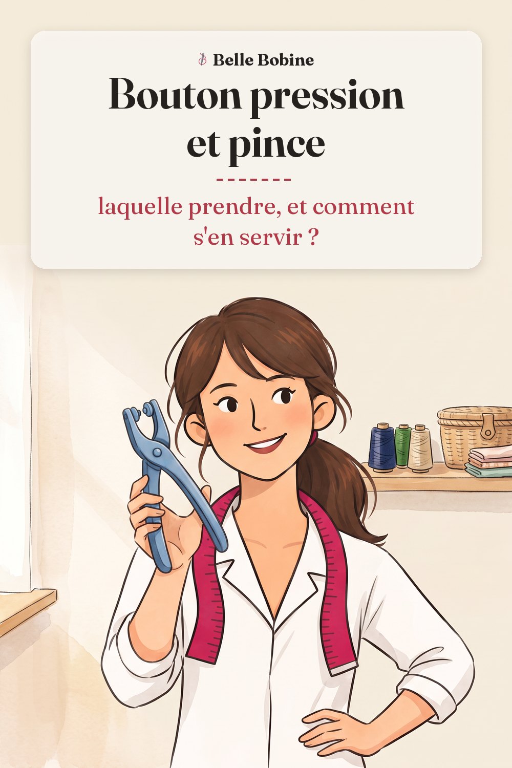 Colette montre une pince à boutons pression en plastique bleu, avec le titre « Bouton pression et pince : laquelle prendre, et comment s'en servir ? »