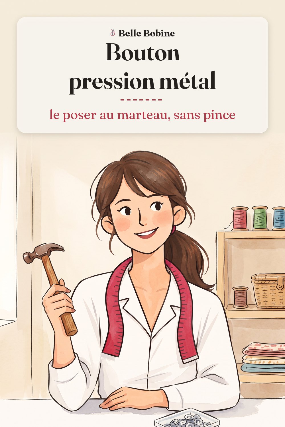 Colette montre un petit marteau, une boîte de pressions en métal posée devant elle, avec le titre « Bouton pression métal : le poser au marteau, sans pince »