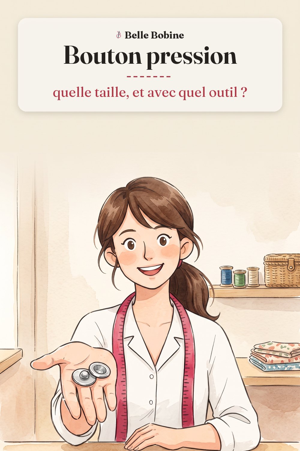 Colette montre dans sa paume les deux moitiés d'un bouton pression, la bille et le creux, avec le titre « Bouton pression : quelle taille, et avec quel outil ? »