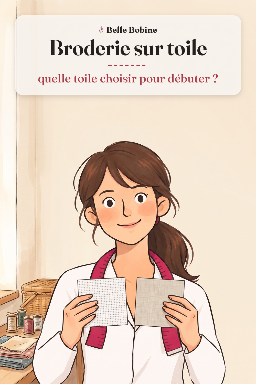 Colette montrant deux carrés de toile à broder, une Aida blanche quadrillée et un lin naturel, avec le titre « Broderie sur toile : quelle toile choisir pour débuter ? »