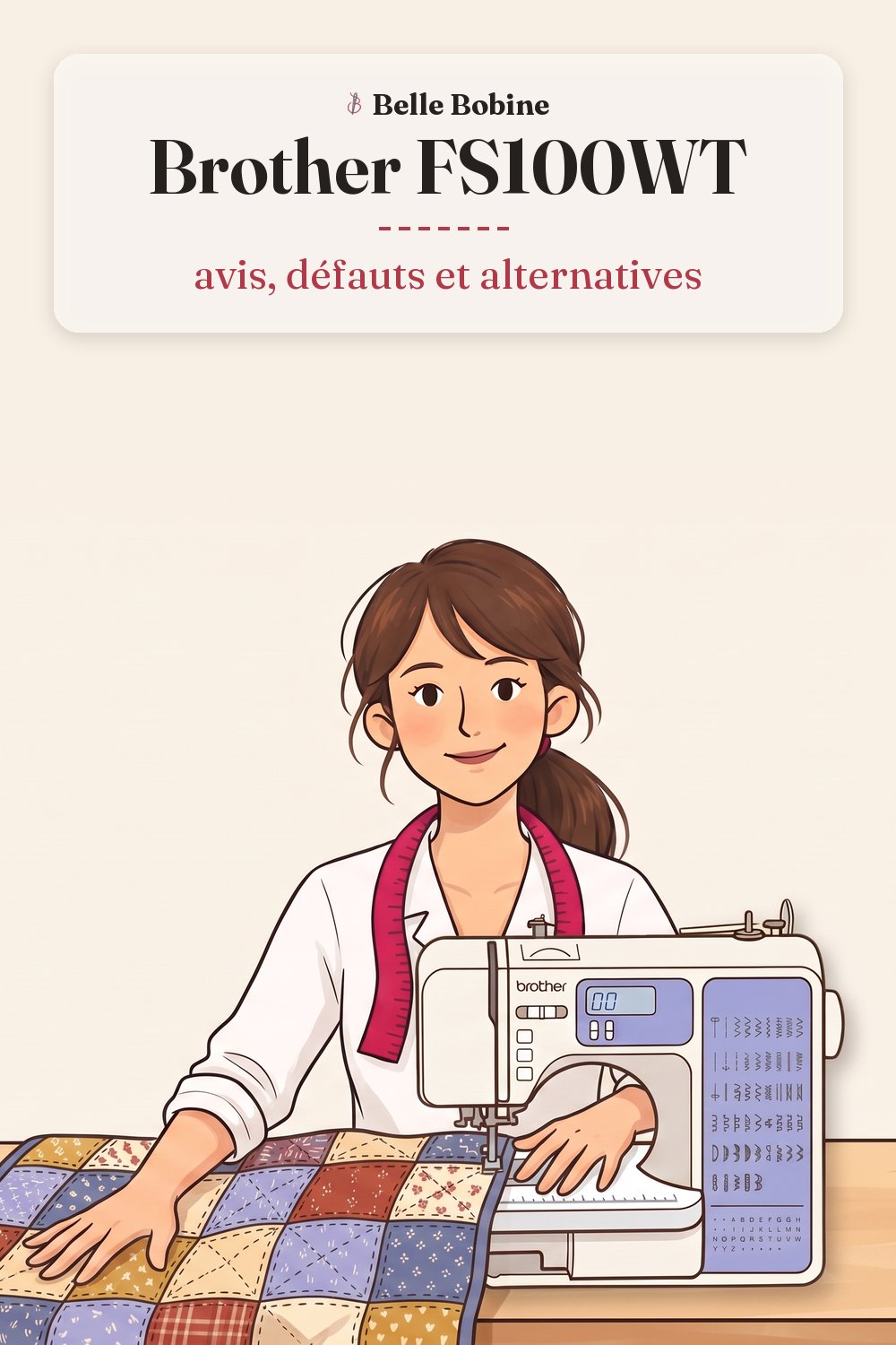 Colette coud un quilt en patchwork sur une Brother FS100WT, la table d'extension montée, avec le titre « Brother FS100WT : avis, défauts et alternatives »