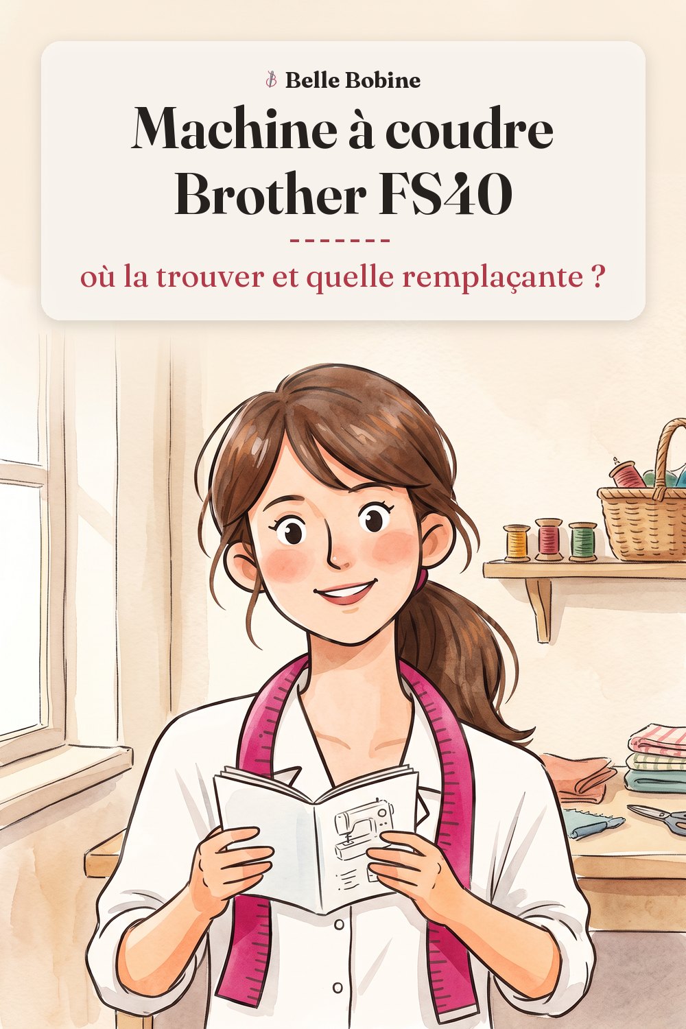 Colette tient ouverte une notice d'utilisation à côté d'une machine à coudre électronique, avec le titre « Machine à coudre Brother FS40 : où la trouver et quelle remplaçante ? »
