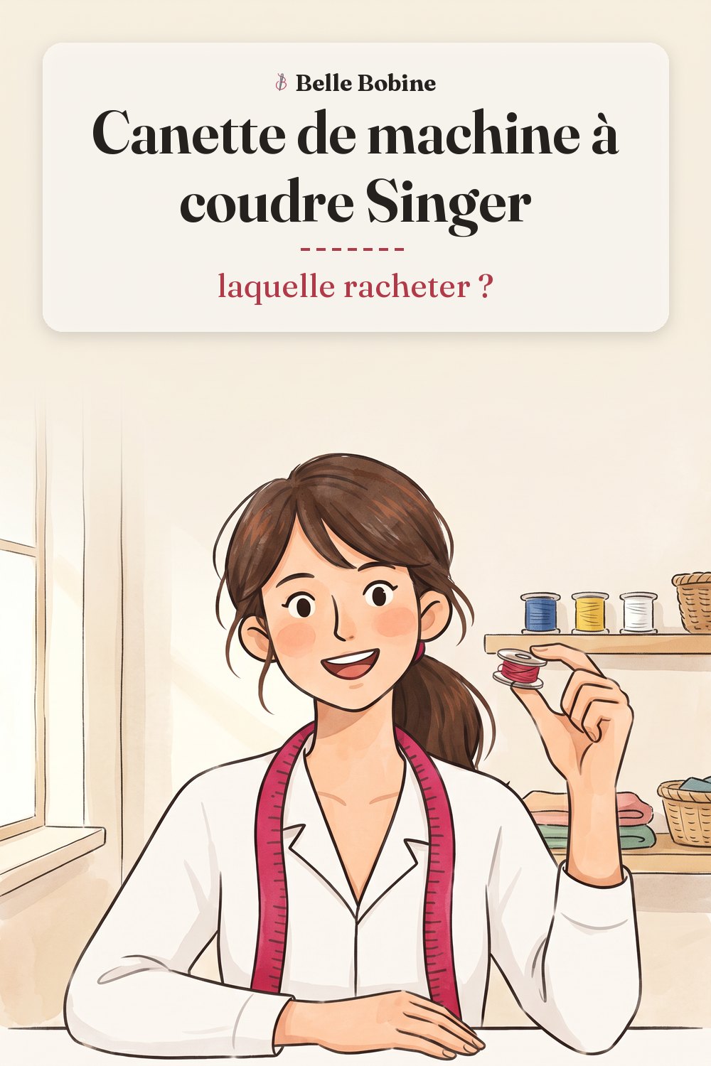 Colette tenant une canette transparente garnie de fil rouge, trois autres canettes posées devant elle, avec le titre « Canette de machine à coudre Singer : laquelle racheter ? »