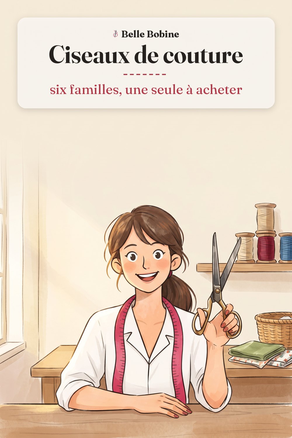Colette montre une paire de ciseaux de couturière classique, avec le titre « Ciseaux de couture : six familles, une seule à acheter »