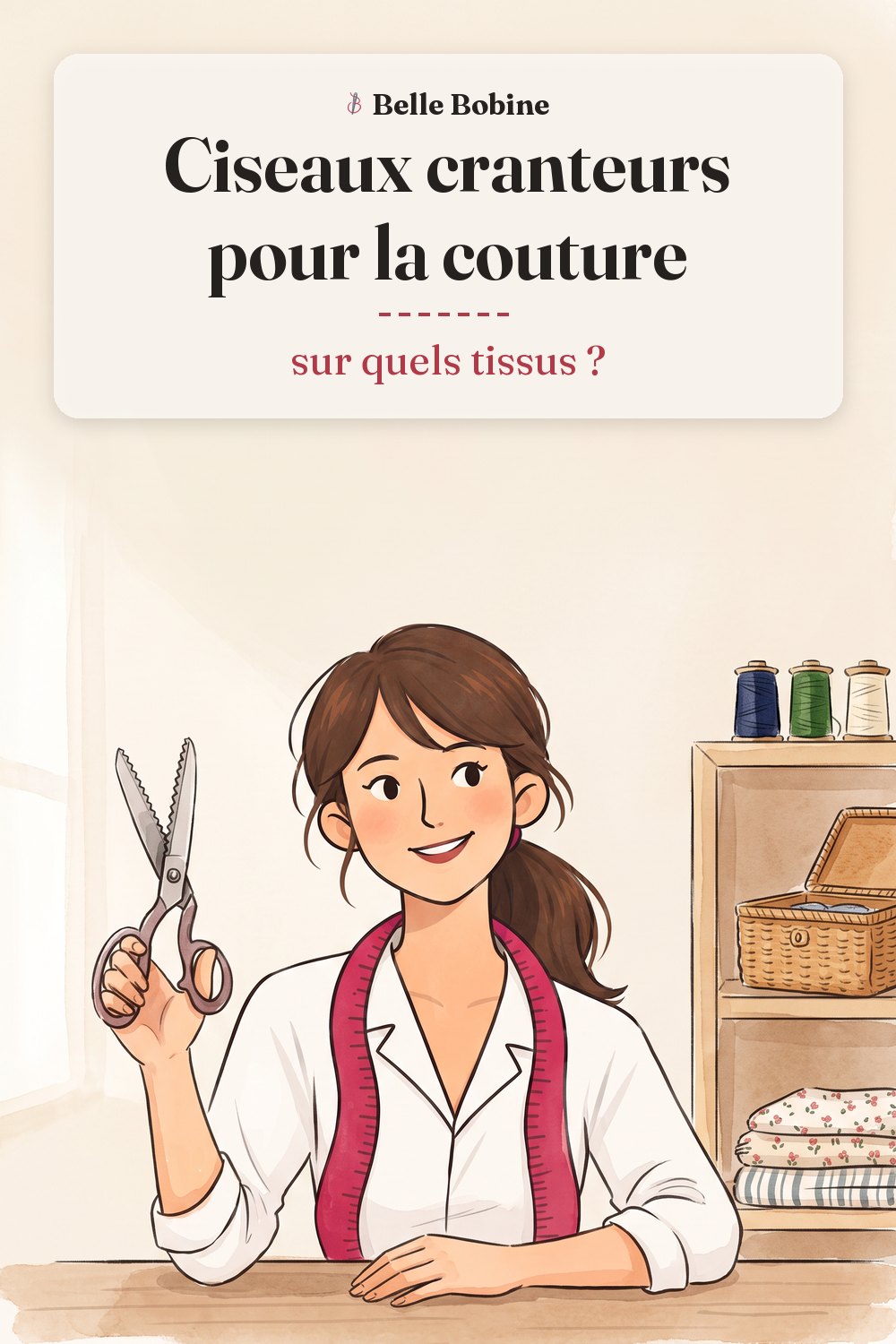 Colette montre une paire de ciseaux cranteurs aux lames en zigzag, avec le titre « Ciseaux cranteurs pour la couture : sur quels tissus ? »
