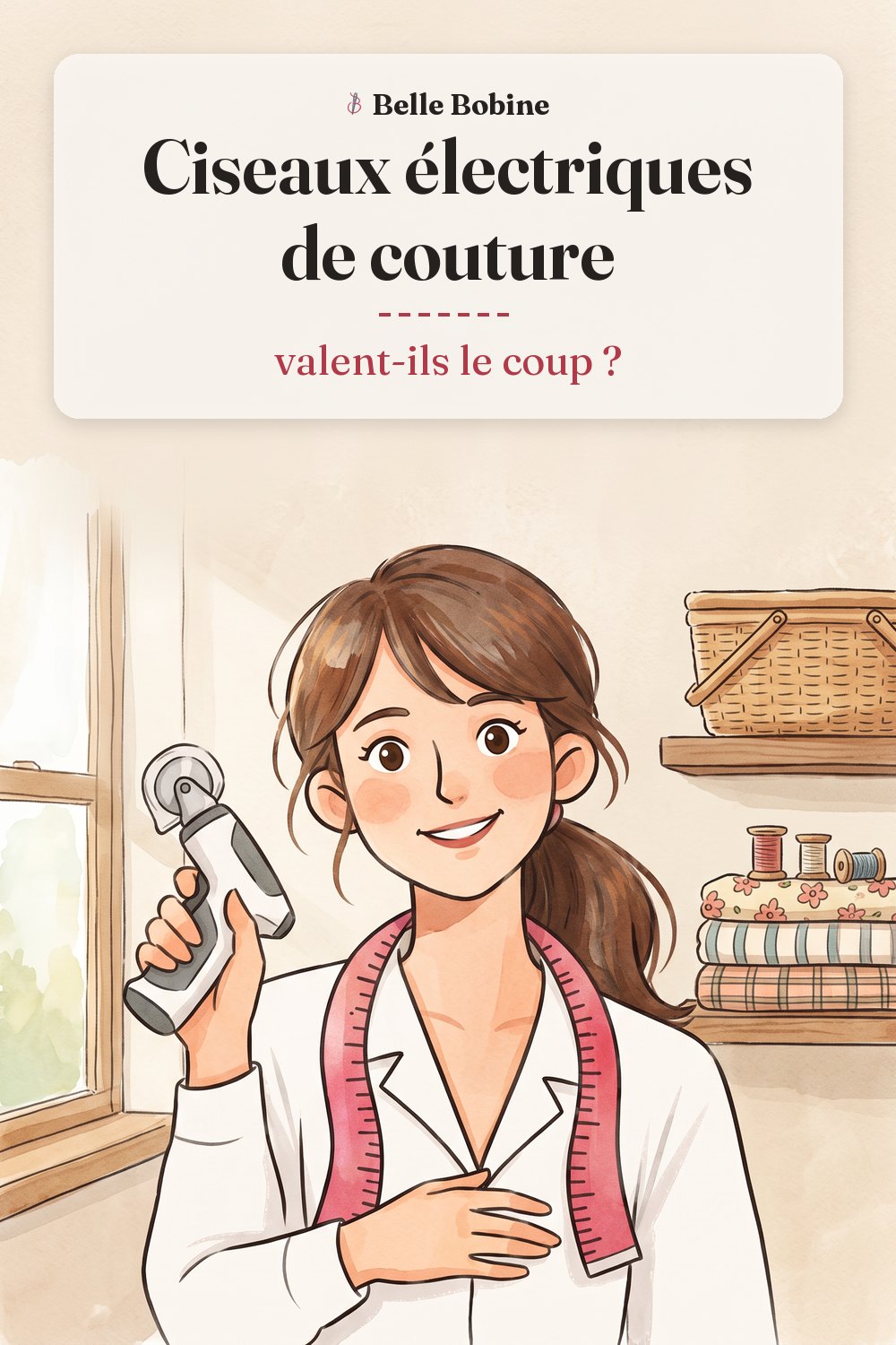 Colette tient des ciseaux électriques sans fil, poignée en pistolet et petite lame ronde, avec le titre « Ciseaux électriques de couture : valent-ils le coup ? »