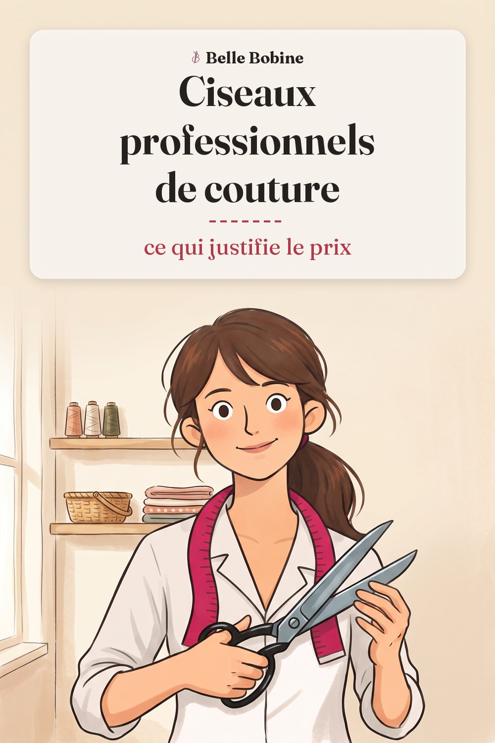 Colette tient à l'horizontale de grands ciseaux de tailleur en acier forgé aux anneaux noirs, avec le titre « Ciseaux professionnels de couture : ce qui justifie le prix »