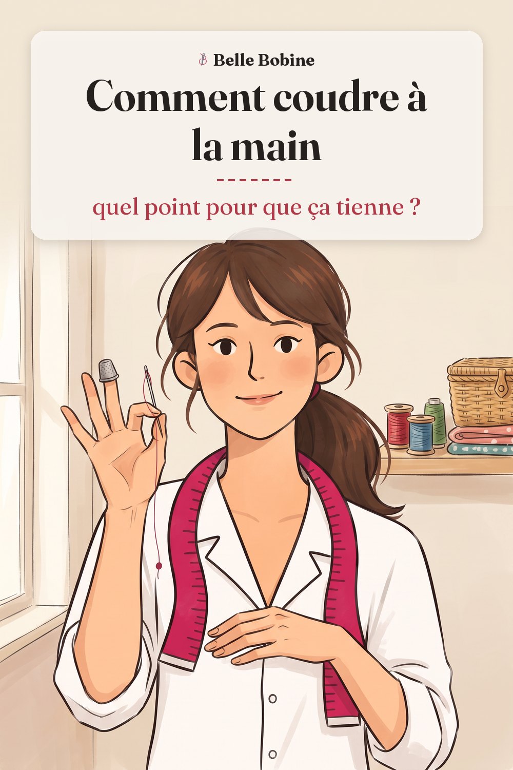 Colette lève la main : un dé à coudre au bout du majeur, une aiguille enfilée de fil rouge noué entre le pouce et l'index, avec le titre « Comment coudre à la main : quel point pour que ça tienne ? »