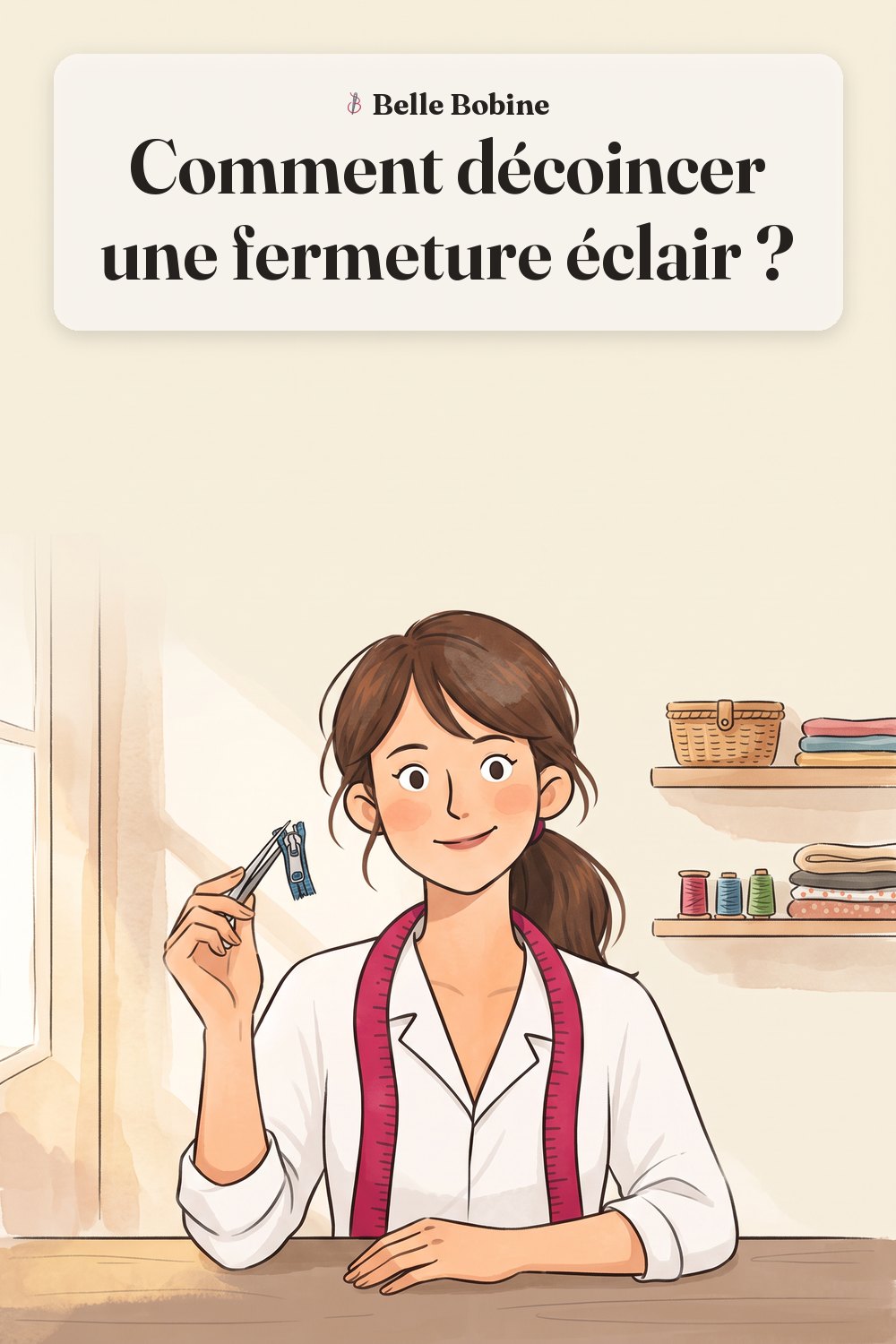 Colette tient une pince à épiler devant un curseur de fermeture éclair coincé, avec le titre « Comment décoincer une fermeture éclair ? »
