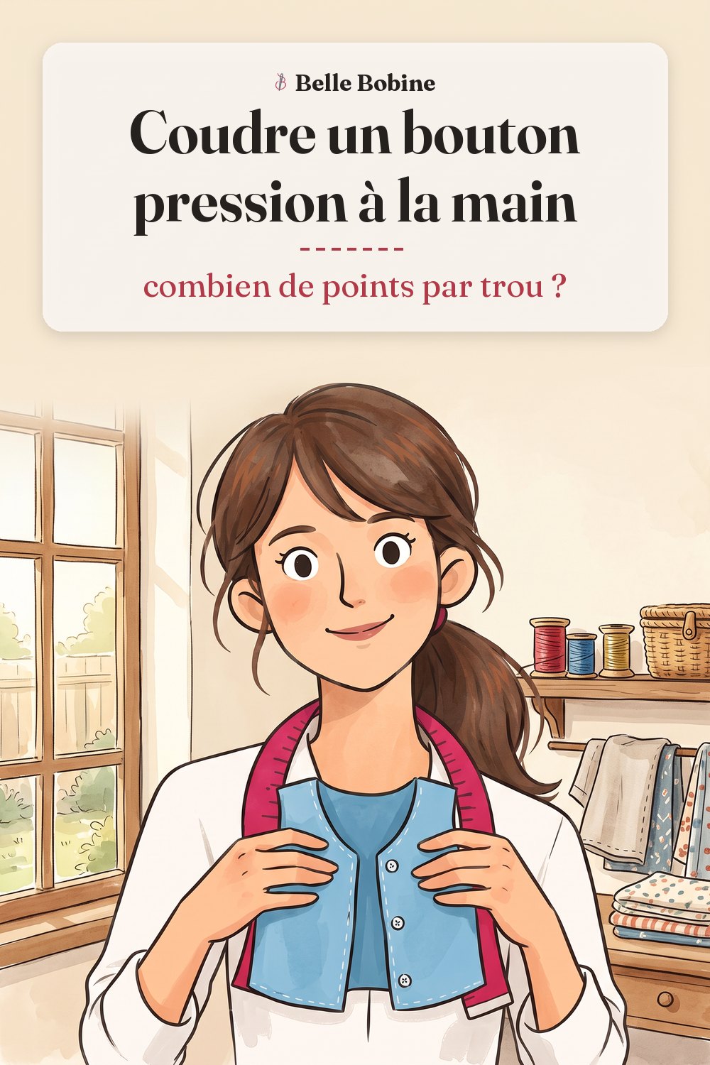 Colette tient un petit gilet d'enfant bleu ciel dont le bord porte trois pressions argentées cousues main, avec le titre « Coudre un bouton pression à la main : combien de points par trou ? »